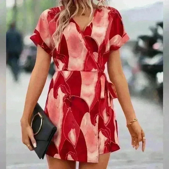 Allover Print Puff Sleeve Knot Side Wrap Dress - Picture 1 of 3